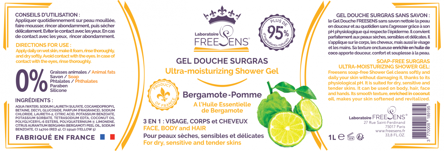 Gel douche surgras sans savon BERGAMOTEPOMME 1L Le Laboratoire Freesens
